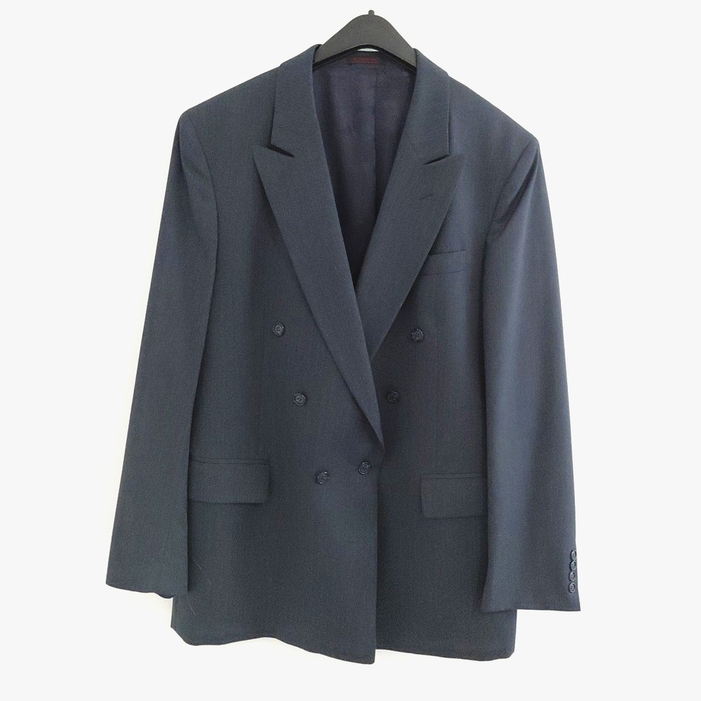 A. Sheilds Blazer Jacket Mens 44L Blue Wool Double Breasted Peak Lapel Classic